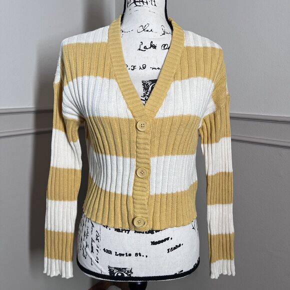 NWT American Eagle Yellow Striped Cardigan Sweater Womens XS Crop Y2K Preppy NEW - Picture 1 of 9